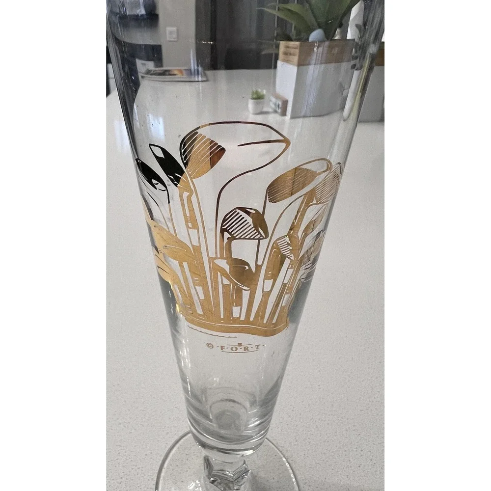 Vintage Clear Glass Champagne Glasses with Gold‎ Golf Clubs by F-O-R-T Set Of 4